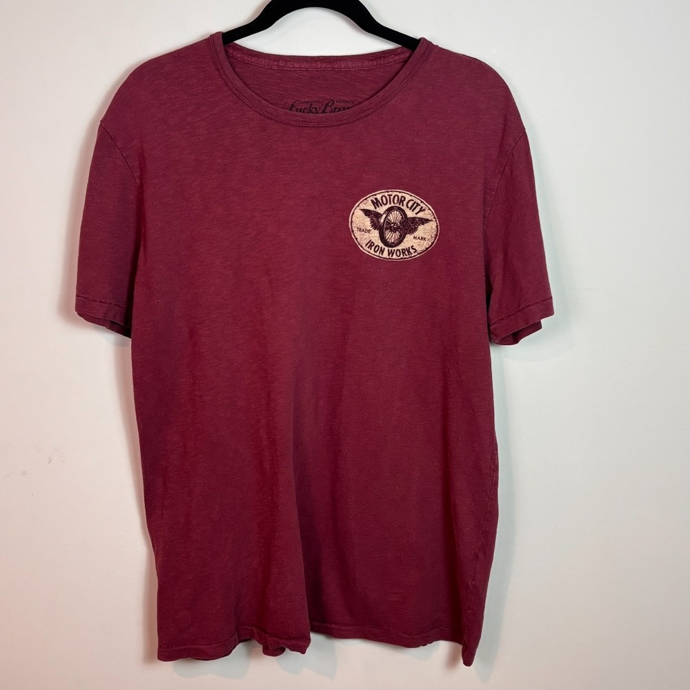 Lucky Brand Mens 100% Cotton Red "Motor City Iron Works" Graphic Print‎ Tee LG